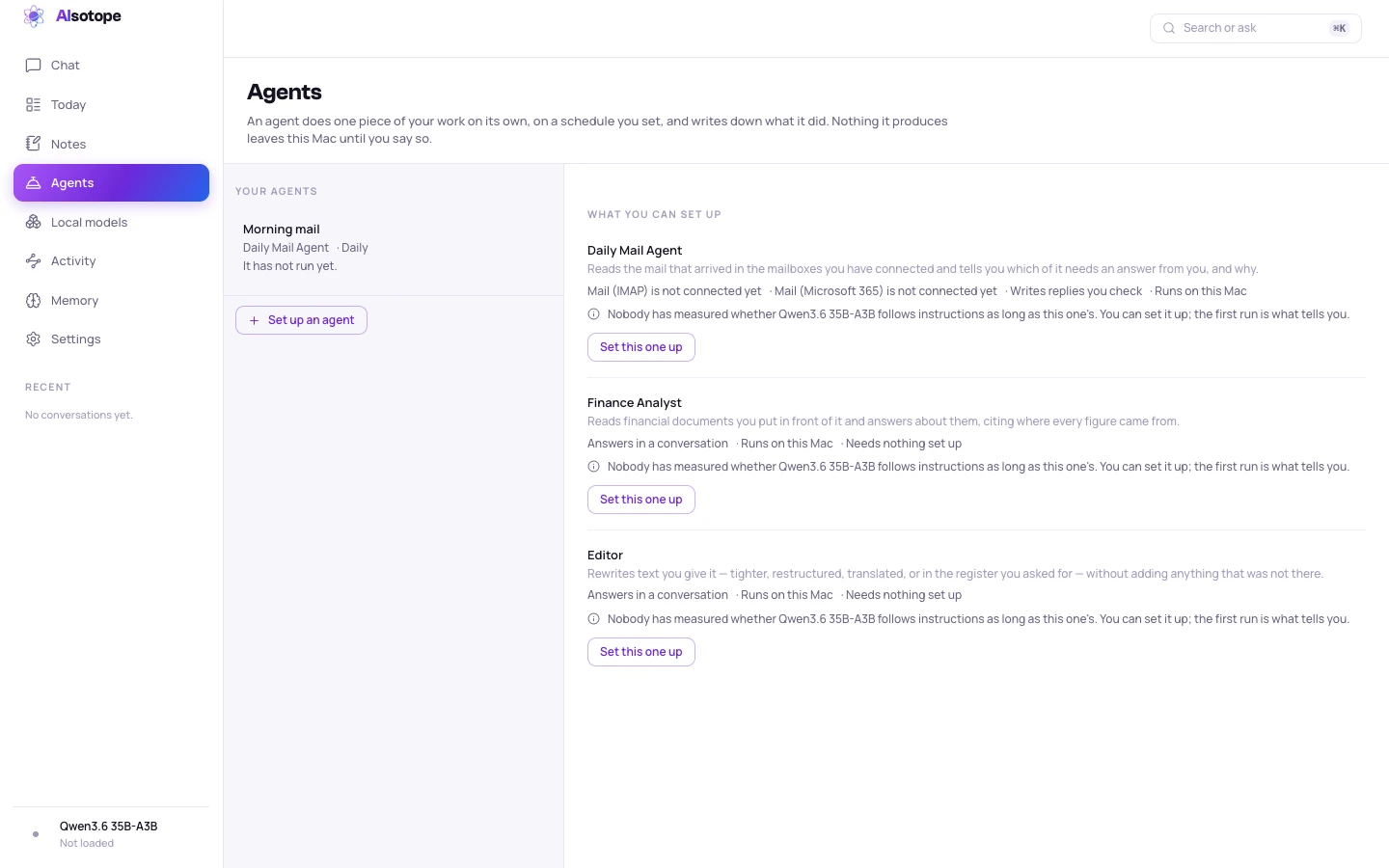 The Agents screen: a Daily Mail Agent set up to run daily that has not run yet, and the three kinds of agent that ship, each saying what it needs before it is set up.