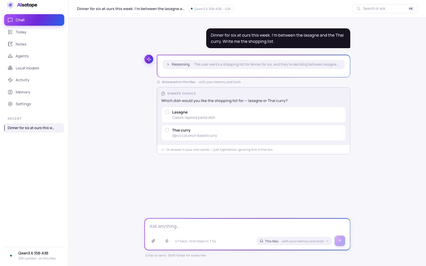 The AIsotope chat screen in light mode: asked for a shopping list for dinner, the assistant asks which dish first — a question card with two options to pick from — with the model and the destination stated under its reply.