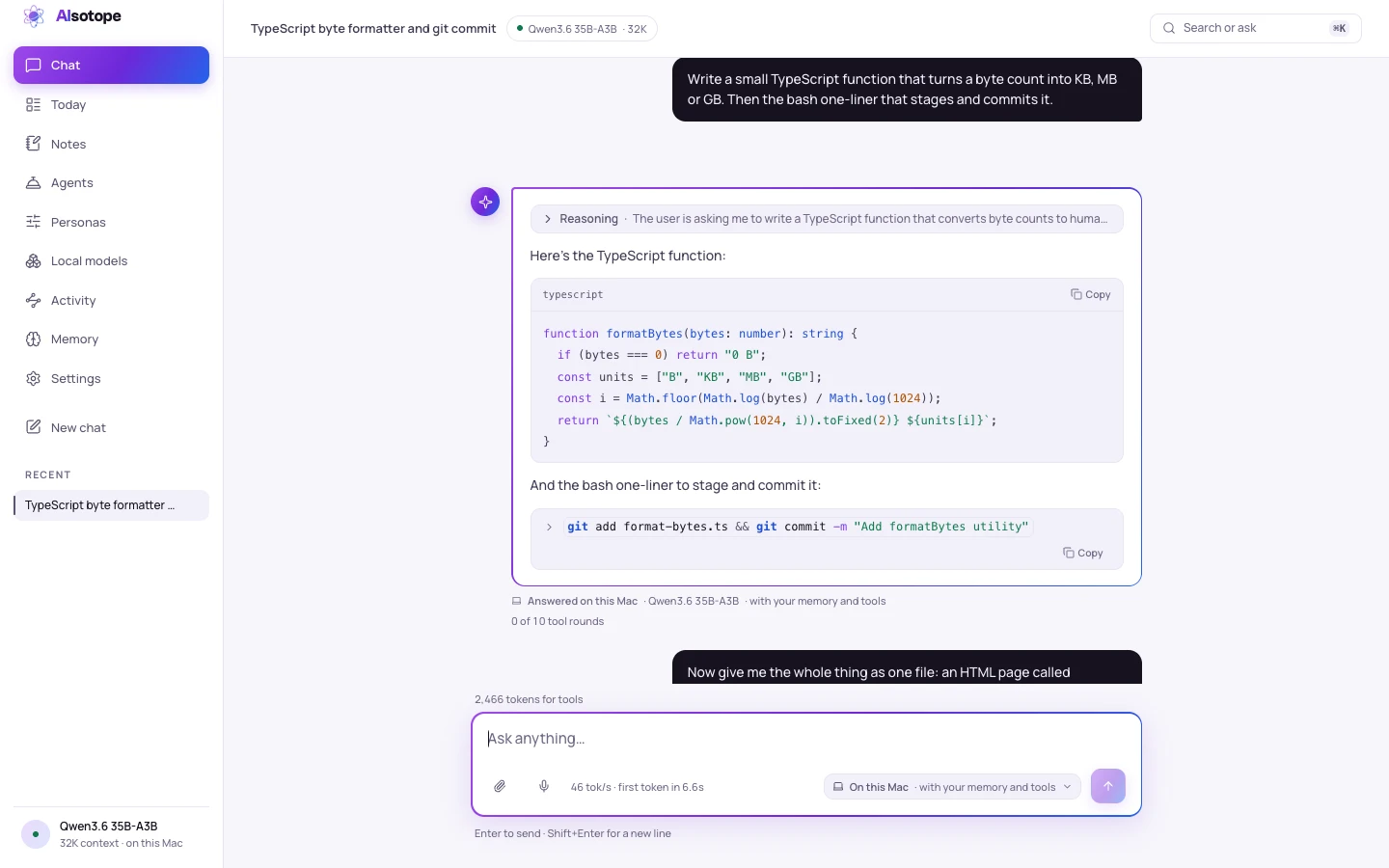 A conversation asking for a TypeScript function and a git command: the reply’s code block is syntax-highlighted, with the language and a copy button on its bar, and the git command below it sits in a block of its own with another copy button.