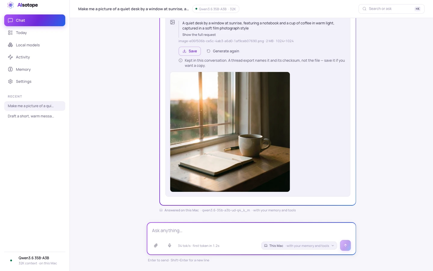 A reply in the chat with an image card under it: the generated image, its prompt, and Save and Generate again controls.