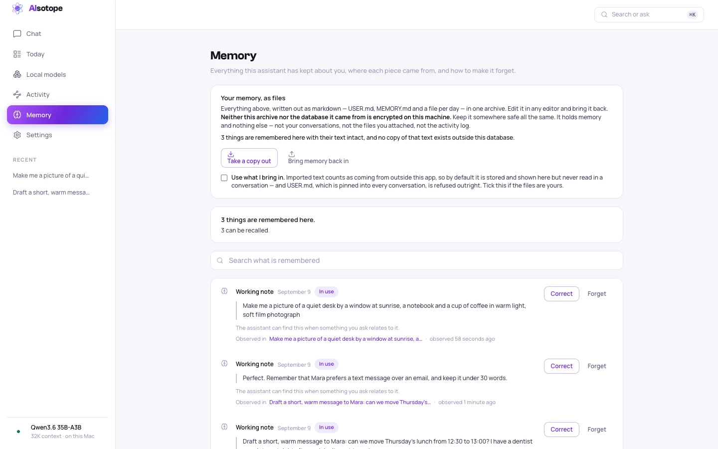 The Memory screen: what the assistant kept from the conversations, each entry with where it came from, and Correct and Forget beside it.
