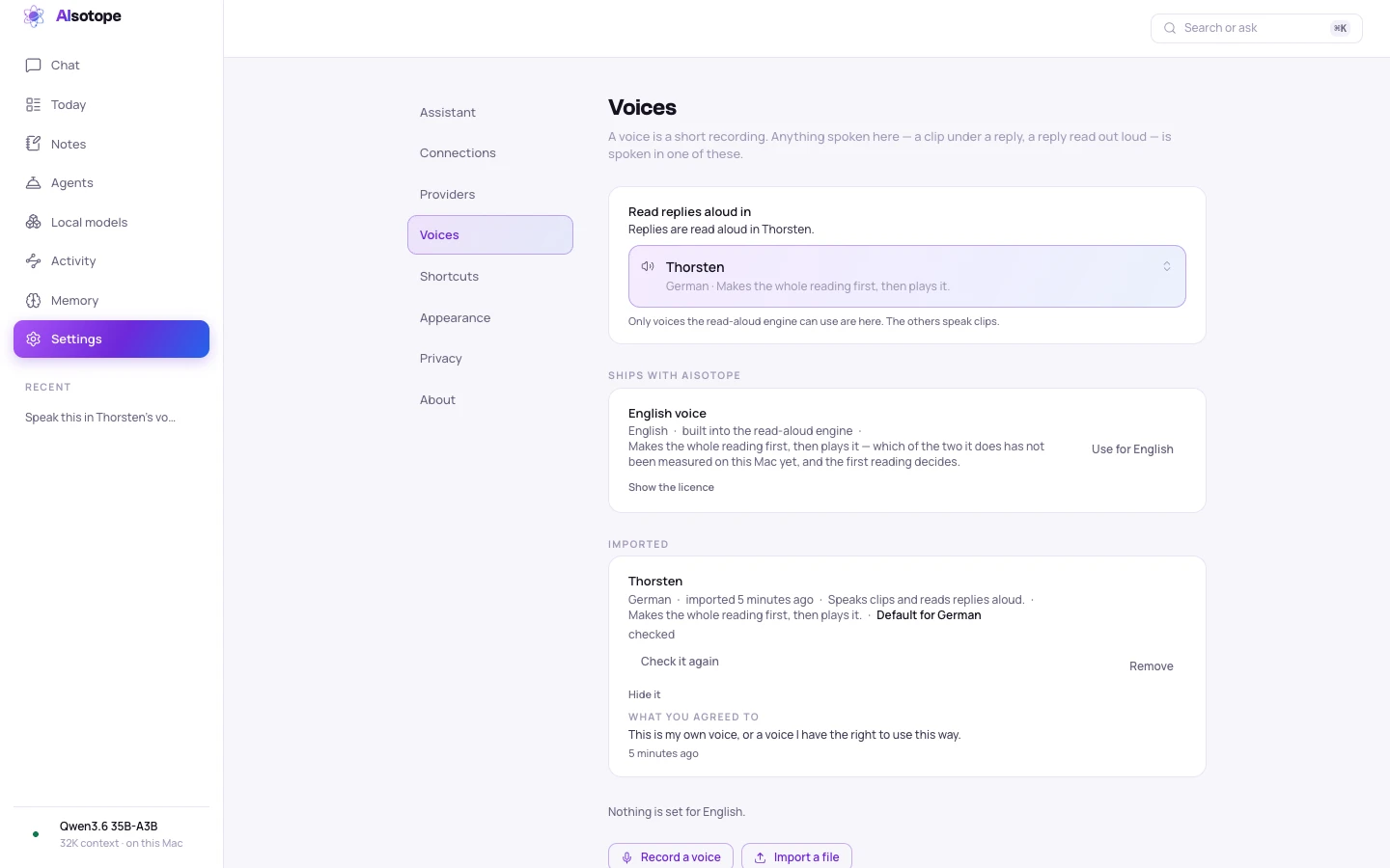 The Voices settings screen: the voice that ships with the app, an imported voice marked checked and set as the default for German, the statement its owner agreed to, and the controls to record a voice or import a file.
